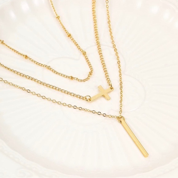 GOLD 14k Gold Plated Cross & Bar 3pc Chain Necklace Set - Picture 3 of 4